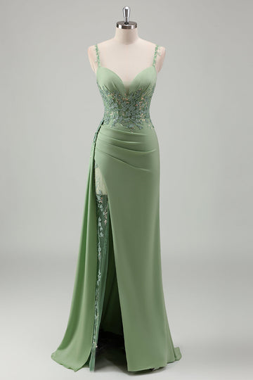 Sparkly Light Green Mermaid Appliqued Long Prom Dress with Slit